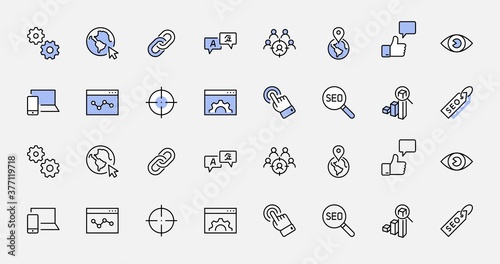 Set of SEO Related Vector Line Icons. Contains such Symbols as Web icon, Eye, Localization, Link, Traffic, Translate, Performance Tracking, Point and more. Editable Stroke. 32x32 Pixel Perfect.