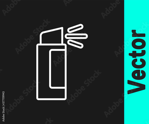 White line Pepper spray icon isolated on black background. OC gas. Capsicum self defense aerosol. Vector.