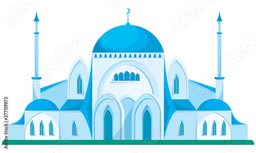 Big blue mosque in cartoon style. Beautiful object of architecture.