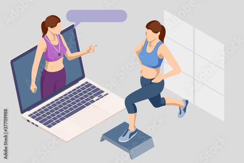 Isometric Woman doing fitness and yoga exercises. Online fitness and training concept.