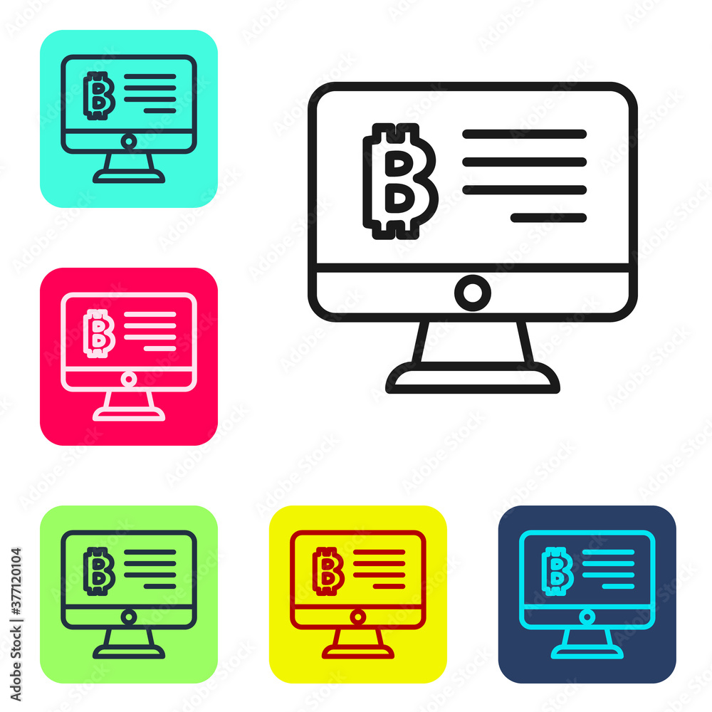 Black line Mining bitcoin from monitor icon isolated on white background. Cryptocurrency mining, blockchain technology service. Set icons in color square buttons. Vector. Black line Mining bitcoin from monitor icon isolated on white background. Cryptocurrency mining, blockchain technology service. Set icons in color square buttons. Vector.