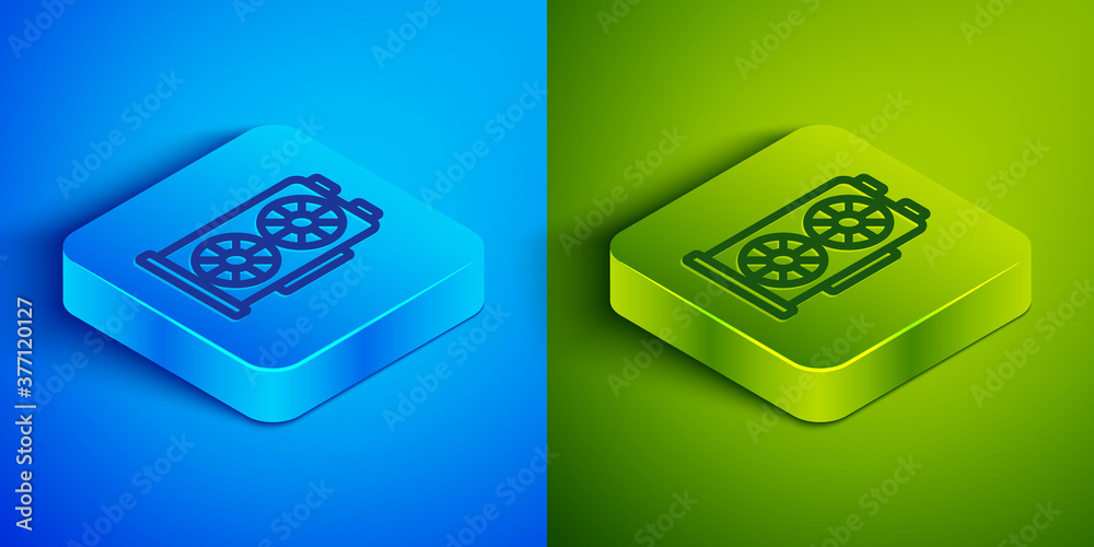 Isometric line Video graphic card icon isolated on blue and green background. Square button. Vector. Isometric line Video graphic card icon isolated on blue and green background. Square button. Vector.