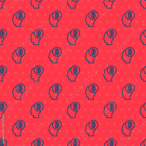 Blue line Bitcoin think icon isolated seamless pattern on red background. Cryptocurrency head. Blockchain technology, digital money market, cryptocoin wallet. Vector.