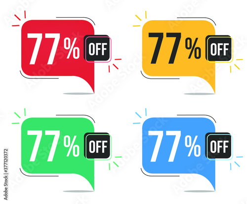 77% off. Red, yellow, green and blue tags with seventy-seven percent discount. Banner with four colorful balloons with special offers vector.