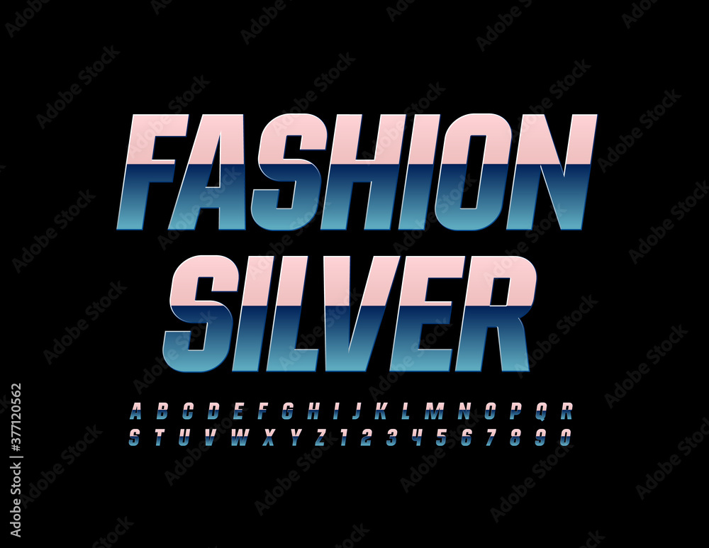 Vector elegant sign Fashion Silver. Luxury metallic Font. Glossy chrome Alphabet Letters and Numbers set