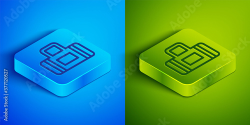 Isometric line Sport bag icon isolated on blue and green background. Square button. Vector.