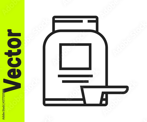 Black line Sports nutrition bodybuilding proteine power drink and food icon isolated on white background. Vector.