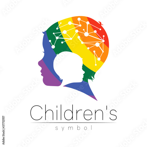 Child rainbow logotype in vector. Silhouette profile human head with brain. Concept logo for people, children, autism, kids, therapy, clinic, education. Template symbol modern design isolated on white