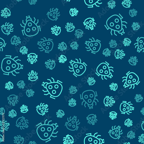 Green line Ladybug icon isolated seamless pattern on blue background. Vector.