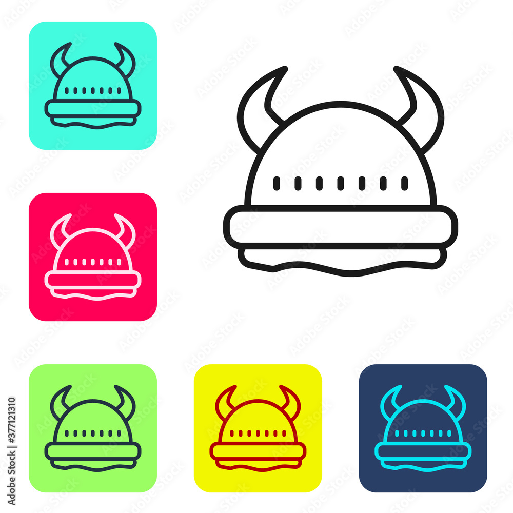 Black line Viking in horned helmet icon isolated on white background. Set icons in color square buttons. Vector. Black line Viking in horned helmet icon isolated on white background. Set icons in color square buttons. Vector.
