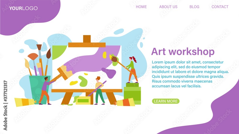 Art Workshop webpage template with two people painting a canvas on an easel and text copyspace, colored vector illustration Art Workshop webpage template with two people painting a canvas on an easel and text copyspace, colored vector illustration
