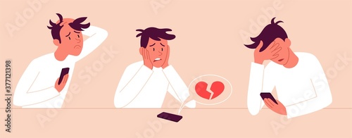 Set of three sad depressed young men, one stressed and upset, one with broken heart and one reading bad news on his mobile phone, colored vector illustration