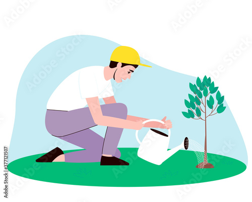 A male gardener waters a small tree from a watering can. Water pours from the watering can onto the seedling. Flat vector illustration.