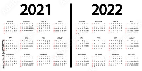 Calendar 2021-2022. The week starts on Sunday. 2021 and 2022 annual calendar template. 12 months yearly calendar set in 2021 and 2022 design in black and white colors