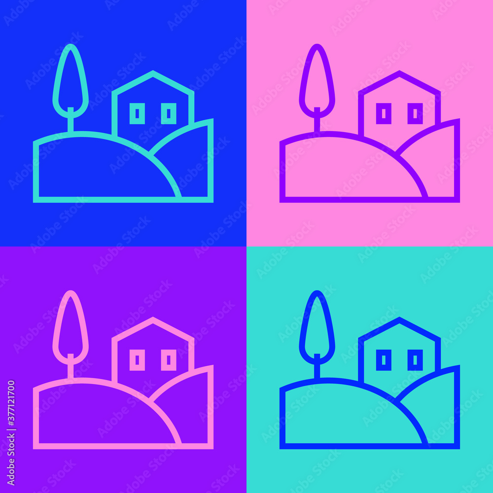 Pop art line Village landscape icon isolated on color background. Vector. Pop art line Village landscape icon isolated on color background. Vector.