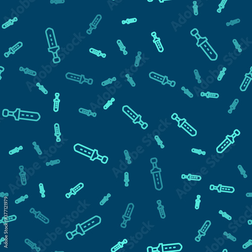 Green line Medieval sword icon isolated seamless pattern on blue background. Medieval weapon. Vector.