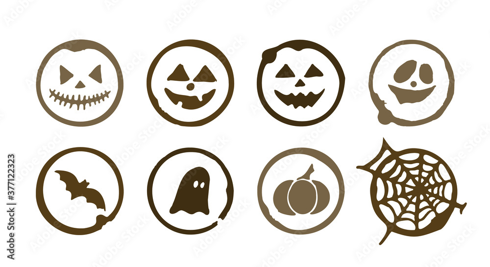 Coffee spots with Halloween picture. Dirty cup splash eight ring stain or coffee stamp. Coffee spots with Halloween picture. Dirty cup splash eight ring stain or coffee stamp.