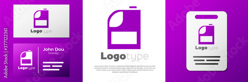 Logotype Canister for motor machine oil icon isolated on white background. Oil gallon. Oil change service and repair. Engine oil sign. Logo design template element. Vector Illustration.