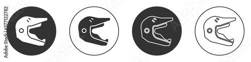 Black Motocross motorcycle helmet icon isolated on white background. Circle button. Vector Illustration.