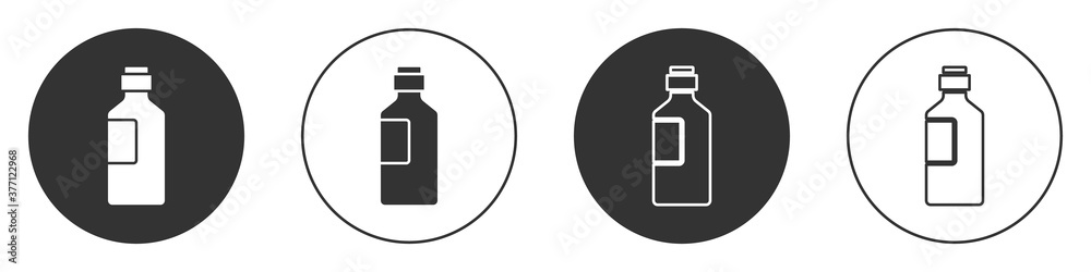 Black Bottle of water icon isolated on white background. Soda aqua drink sign. Circle button. Vector Illustration. Black Bottle of water icon isolated on white background. Soda aqua drink sign. Circle button. Vector Illustration.