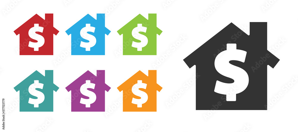 Black House with dollar symbol icon isolated on white background. Home and money. Real estate concept. Set icons colorful. Vector Illustration. Black House with dollar symbol icon isolated on white background. Home and money. Real estate concept. Set icons colorful. Vector Illustration.