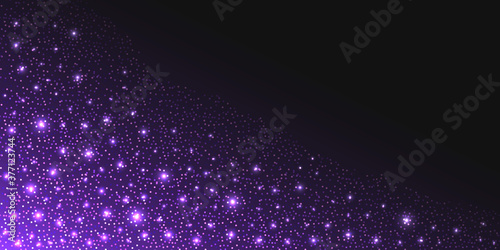 Purple glitter sparkles and glowing luminous stardust on dark background. Flying shiny Christmas sparks with shimmer light effect, luxury decorative backdrop. Vector illustration