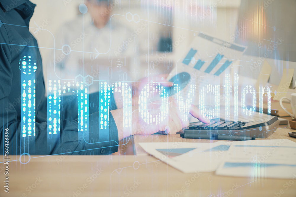 Multi exposure of tech drawings with man working on computer background. Concept of innovation. Multi exposure of tech drawings with man working on computer background. Concept of innovation.