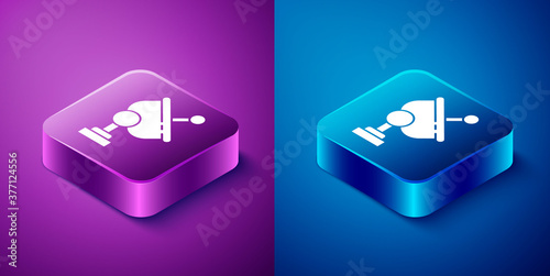 Isometric Radar icon isolated on blue and purple background. Search system. Satellite sign. Square button. Vector Illustration.