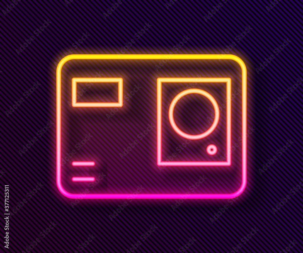 Glowing neon line Action extreme camera icon isolated on black background. Video camera equipment for filming extreme sports. Vector Illustration.