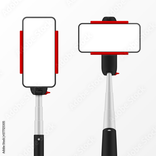 Monopod poles with horizontal and vertical empty smartphone screen realistic set. Selfie sticks.