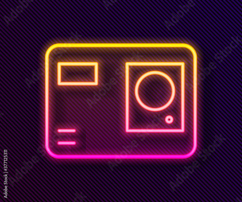 Glowing neon line Action extreme camera icon isolated on black background. Video camera equipment for filming extreme sports. Vector Illustration.