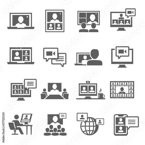 Online meeting, communication bold black silhouette icons set isolated on white. Video conference.