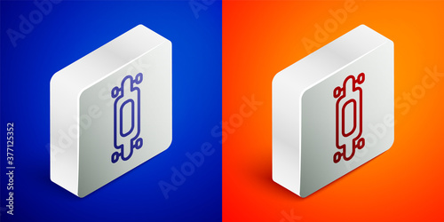 Isometric line Longboard or skateboard cruiser icon isolated on blue and orange background. Extreme sport. Sport equipment. Silver square button. Vector Illustration.