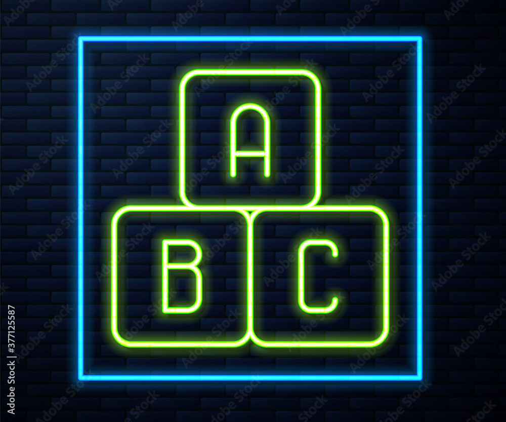 Glowing neon line ABC blocks icon isolated on brick wall background. Alphabet cubes with letters A,B,C. Vector Illustration. Glowing neon line ABC blocks icon isolated on brick wall background. Alphabet cubes with letters A,B,C. Vector Illustration.
