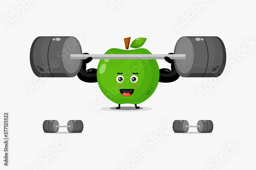 Cute green apple mascot lifting a barbell