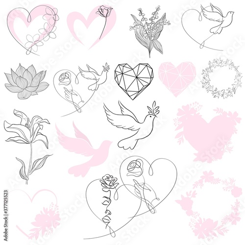 Hand-drawing silhouette background collection. Vector doves, flowers with hearts. Element for design.