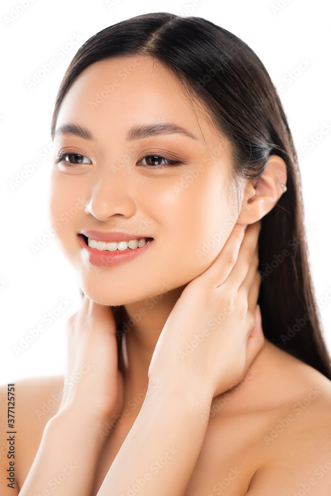 Portrait of young asian woman touching neck isolated on white Portrait of young asian woman touching neck isolated on white
