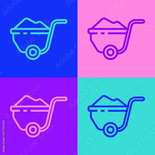 Pop art line Wheelbarrow with dirt icon isolated on color background. Tool equipment. Agriculture cart wheel farm. Vector Illustration.