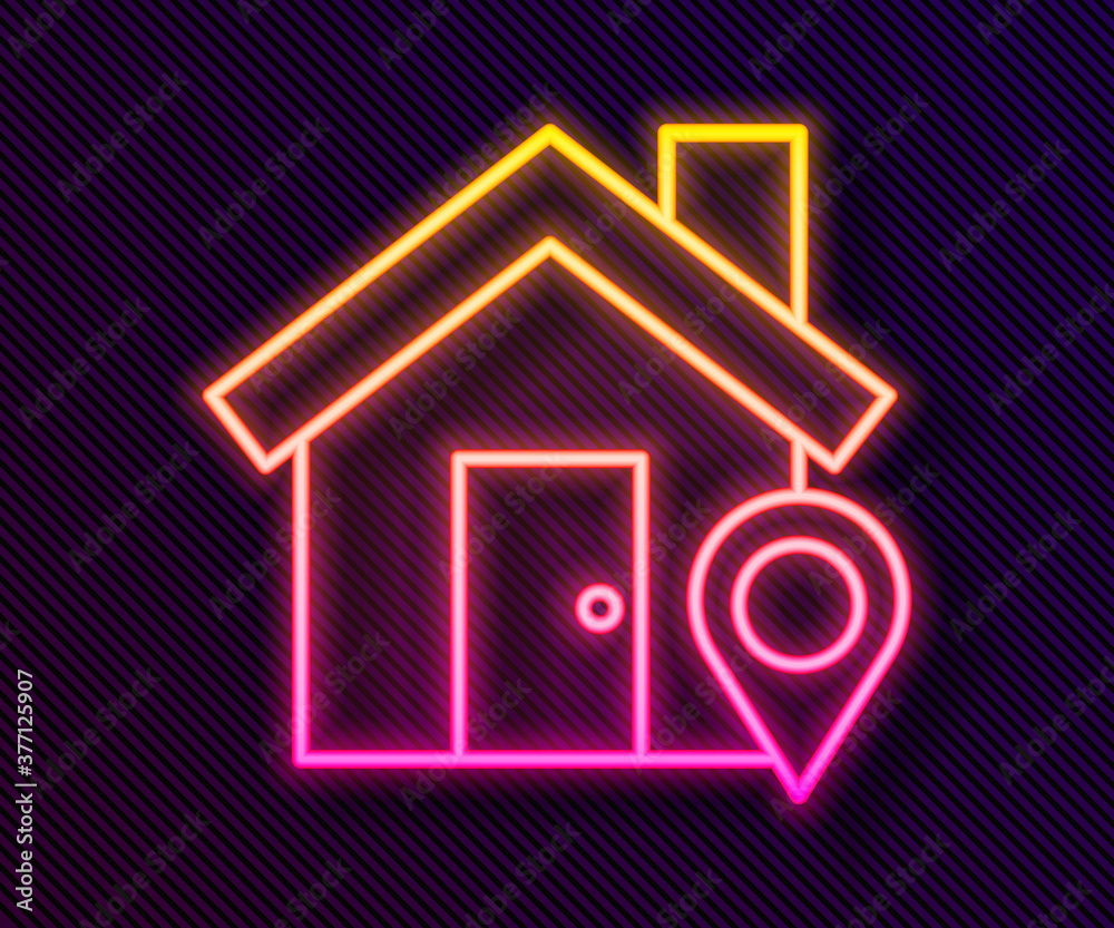 Glowing neon line Map pointer with house icon isolated on black background. Home location marker symbol. Vector Illustration.