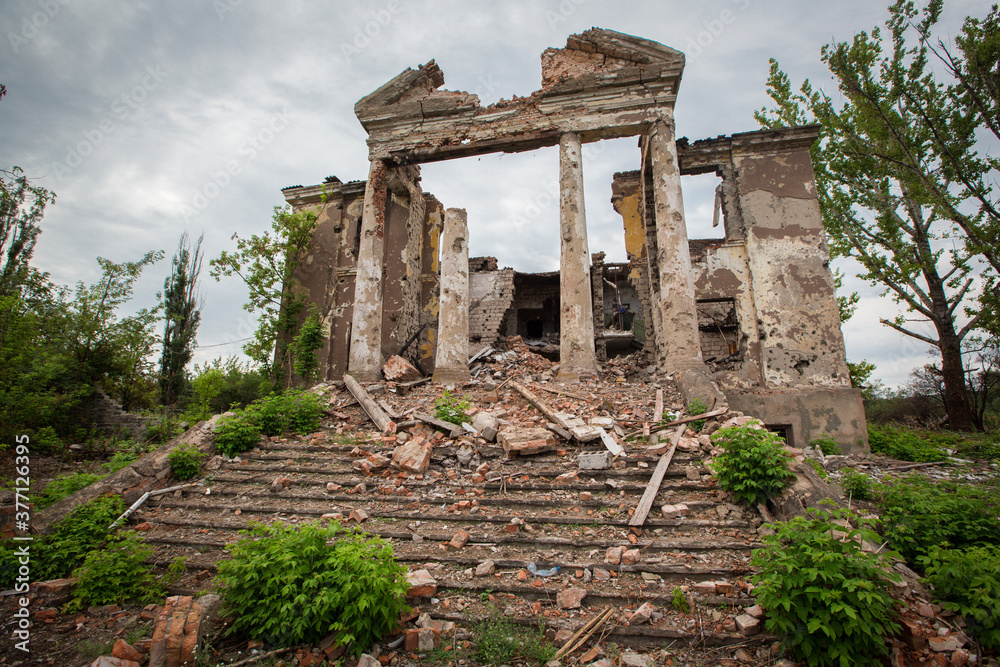 Broken house after shelling. War in Donbass. Eastern Ukraine.