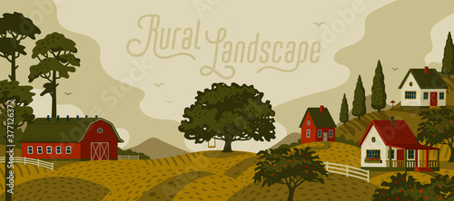 Rural landscape. Panoramic landscape with village and trees.