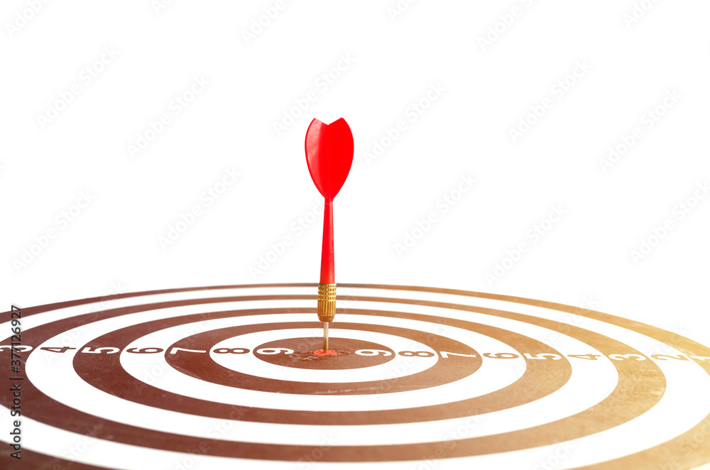 Target hit in the center by arrow. Success goals Targeting the business concept. Close up shot red dart arrow on center of dartboard, isolated on white background with clipping path. Target hit in the center by arrow. Success goals Targeting the business concept. Close up shot red dart arrow on center of dartboard, isolated on white background with clipping path.