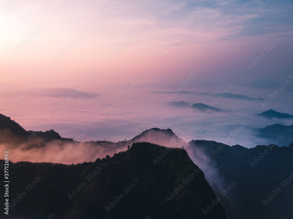Mountains and fog in the morning landscape Blue purple