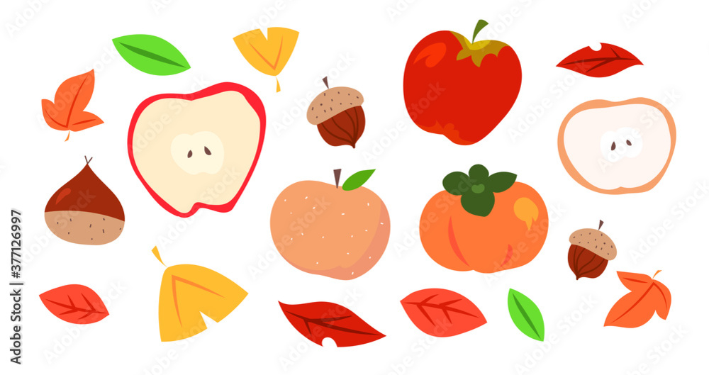 Autumn crops, tree fruits. Fall leaves, apples, pears, chestnuts, acorns, persimmons.