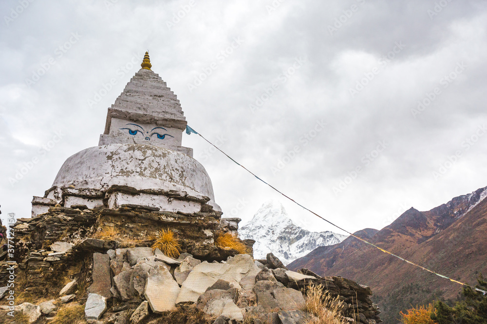 Ancient buddhist stupa. Himalayan mountains. Nepal