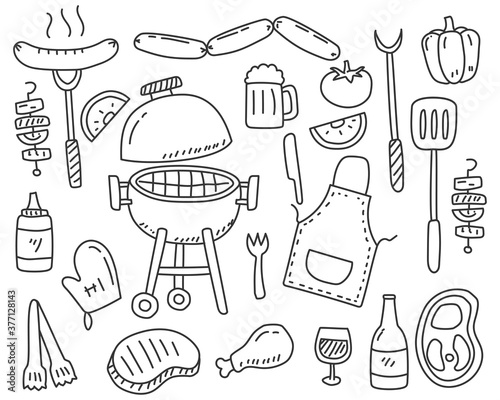 Set of Barbecue party doodle elements vector illustration isolated on white background 