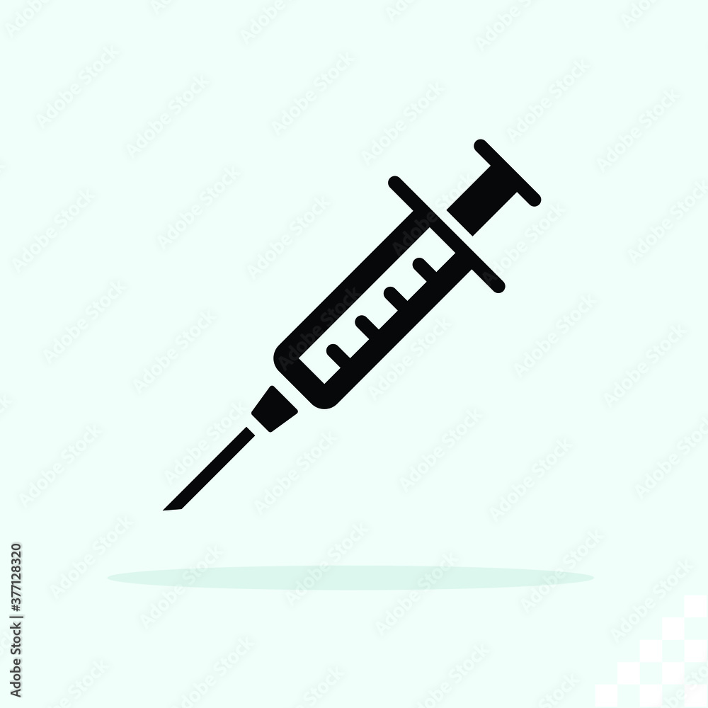 Syringe icon symbol in flat black vector art illustration style isolated on blue grey background Syringe icon symbol in flat black vector art illustration style isolated on blue grey background