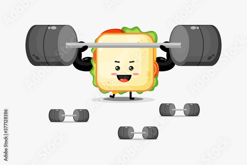 Cute sandwich mascot lifting a barbell