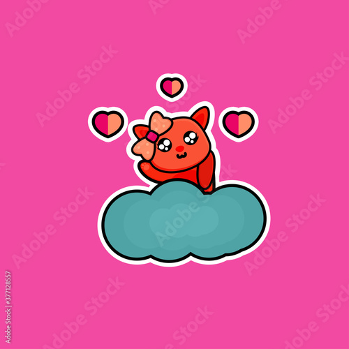 Cute Cat on A Cloud Isolated on Pink Cartoon Character Vector Illustration