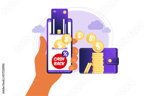 Online cashback concept. Coins or money transfer from smartphone to e-wallet. Online banking. Saving money. Money refund. Vector illustration.